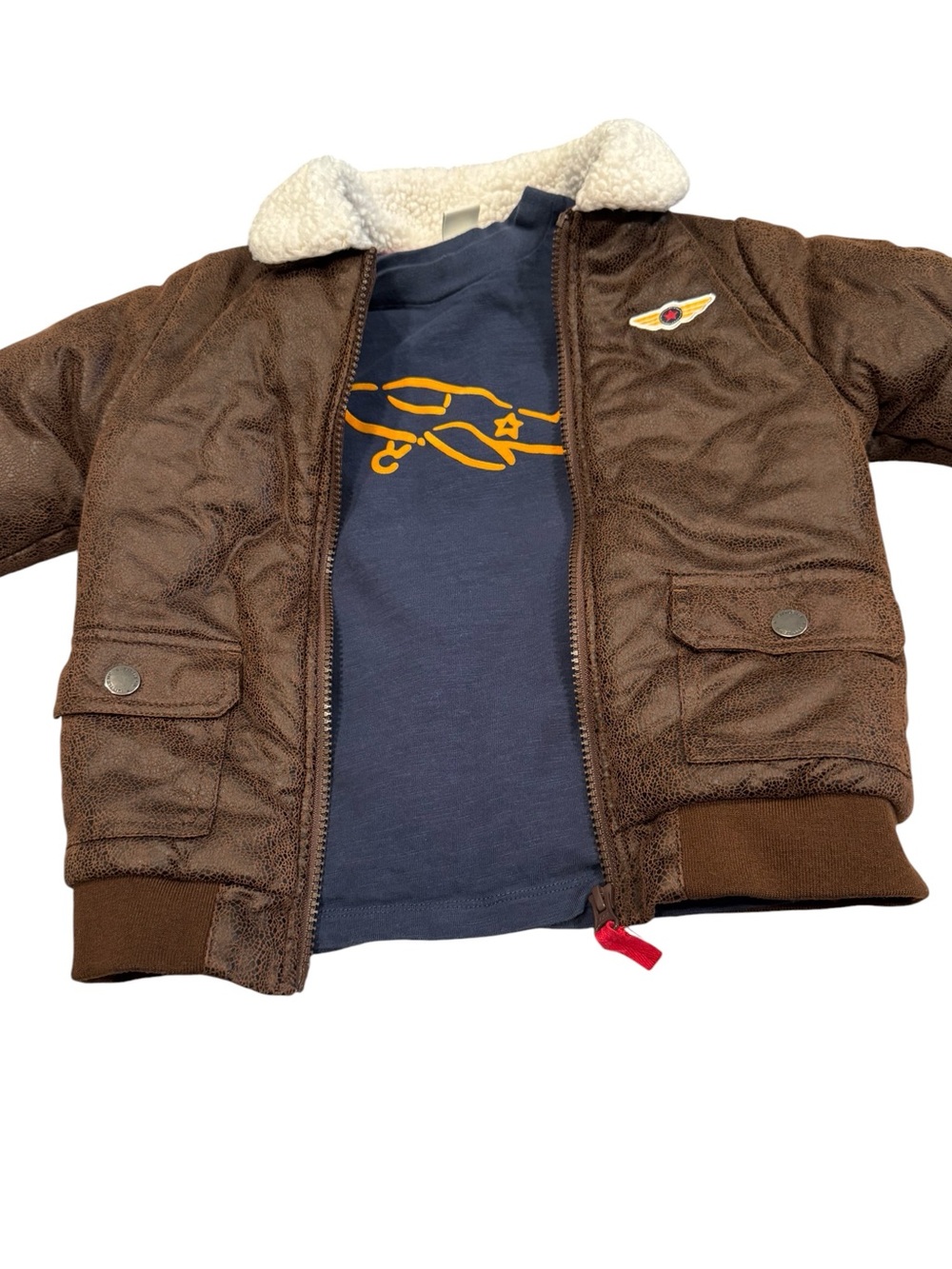 Brown Sherpa Collar Bomber Jacket with Navy Airplane Tee